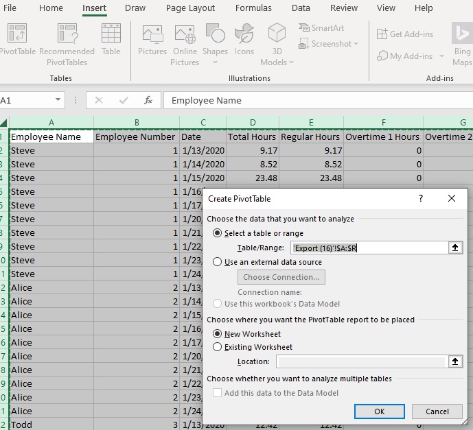 Microsoft Excel Pivot Table creation new sheet 